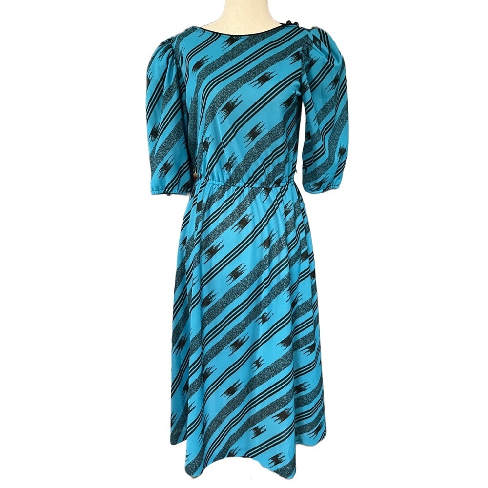 Mint KR of NY Vintage 1980s Teal Blue & Black Retro Secretary Midi Dress Size S